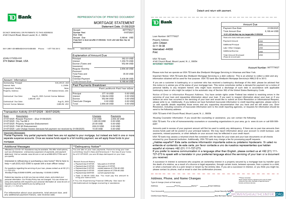 Download USA TD bank mortgage statement in Word and PDF formats, 3 pages 1 2 Photoshop template